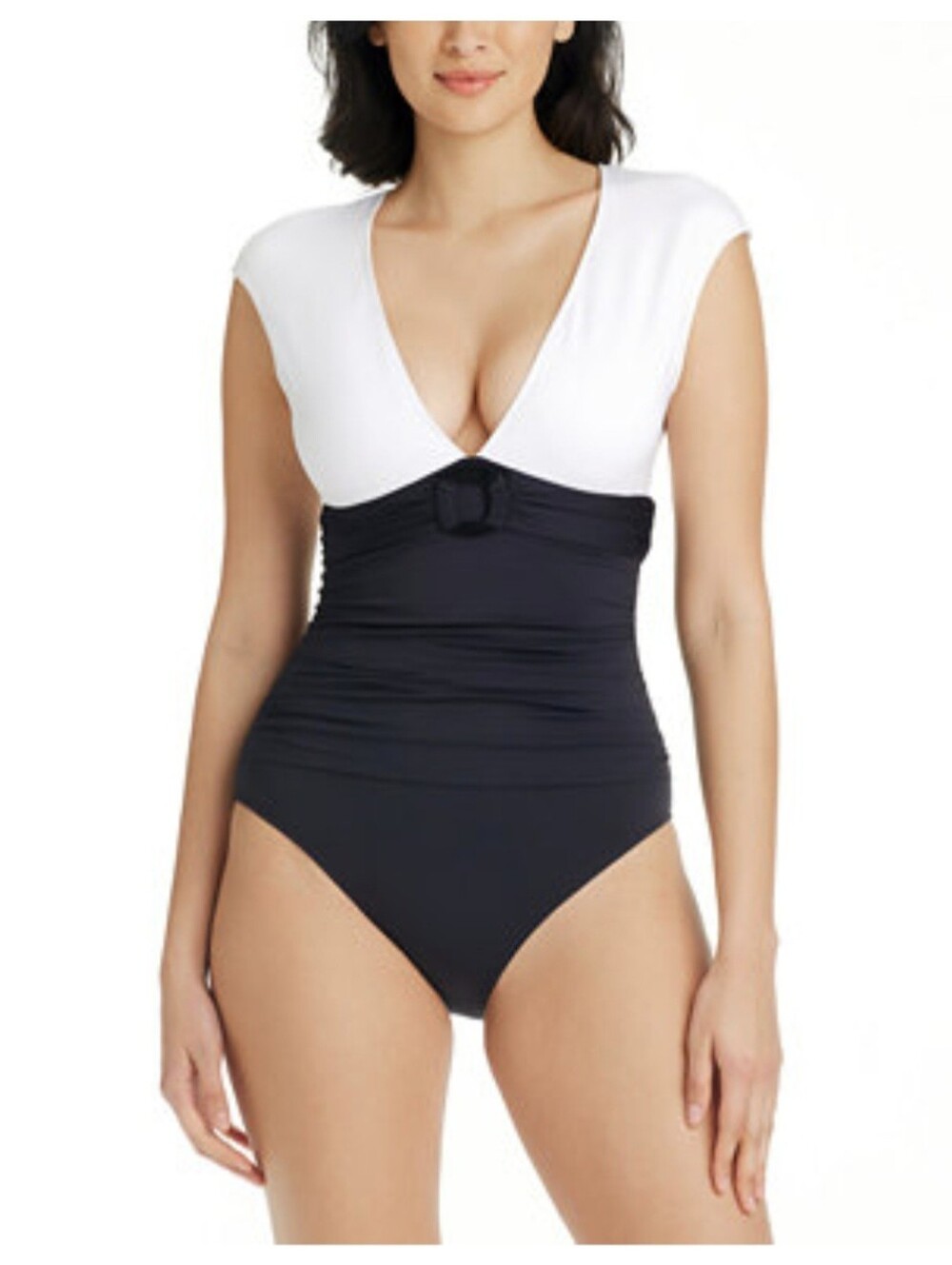 Bleu Rod Beattie White and Black V-Neck Cap Sleeve One-Piece Swimsuit Large New